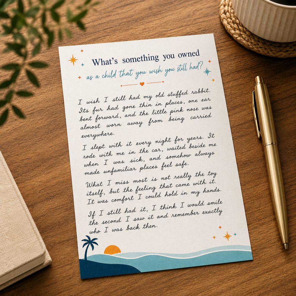 A handwritten, filled-out Tell Me Your Story keepsake card