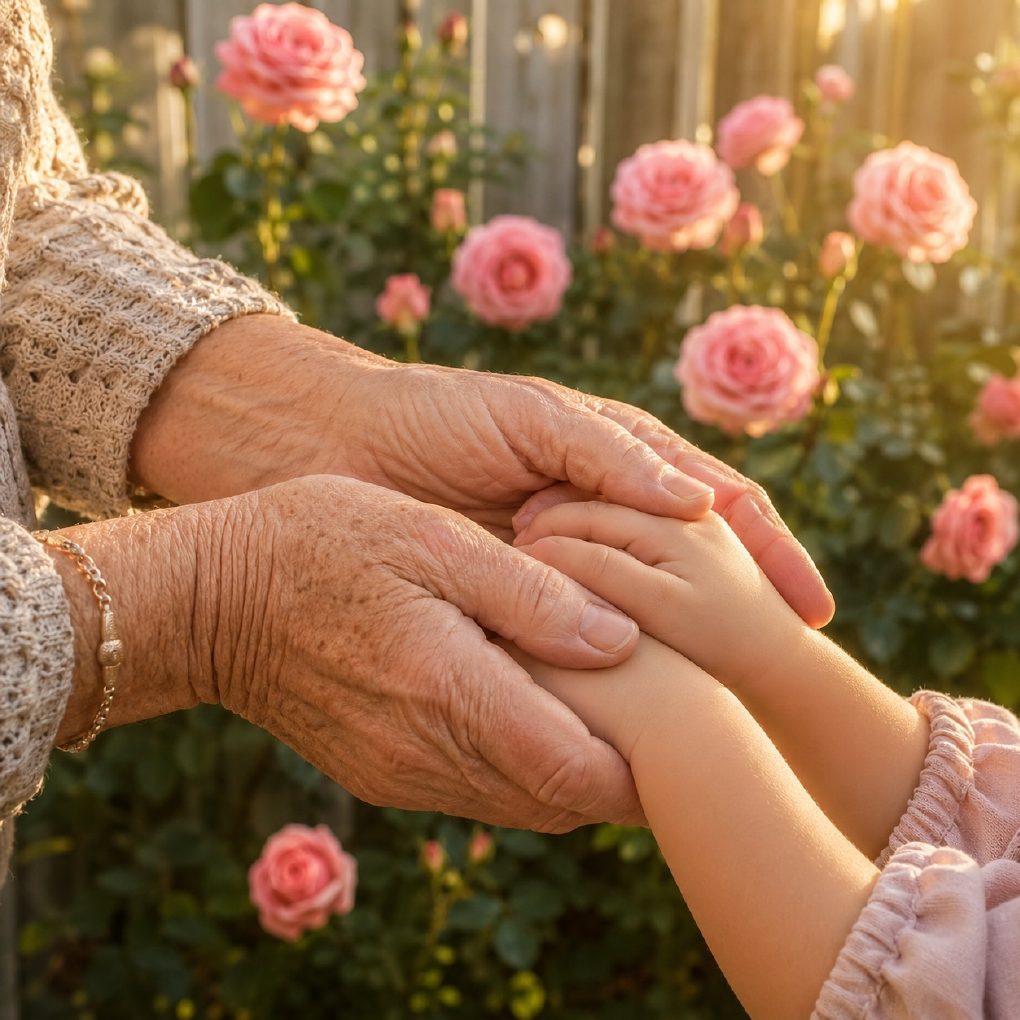 Two family members holding hands during a quiet conversation