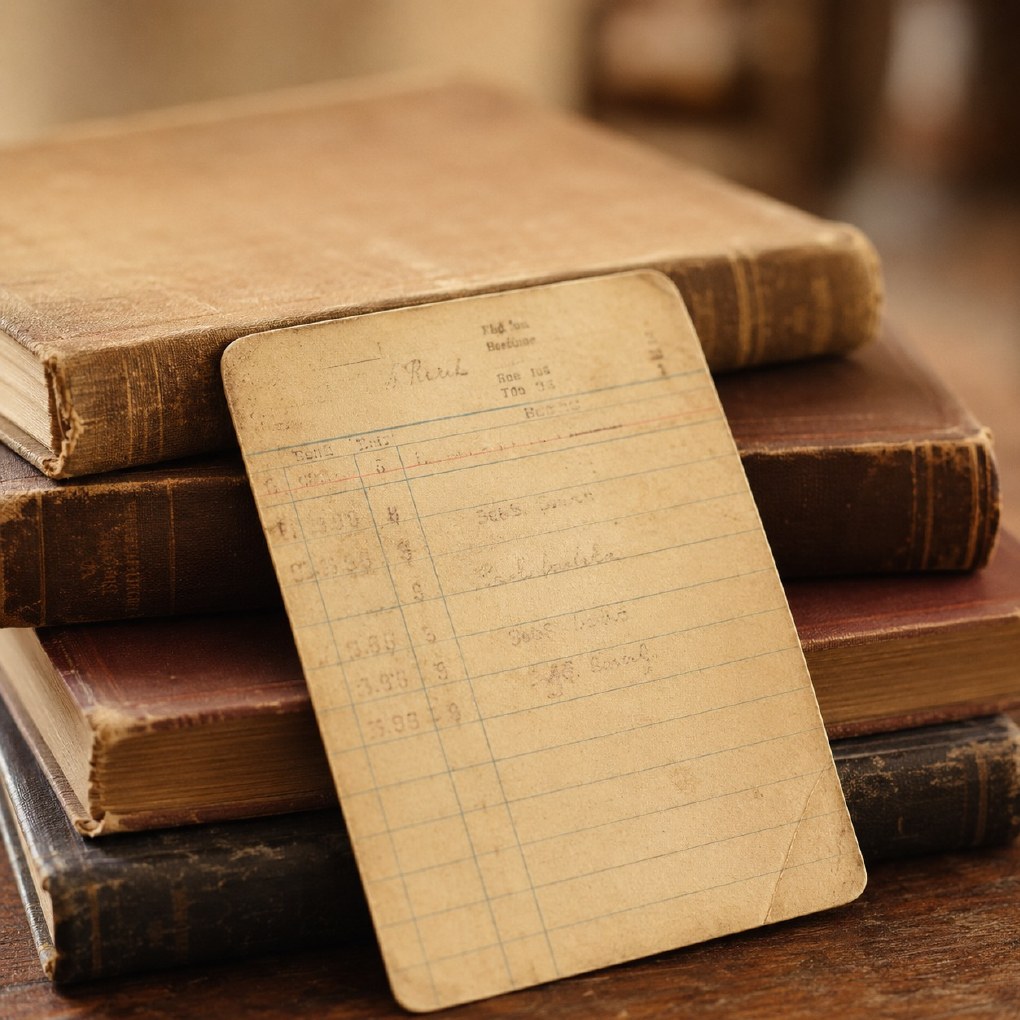 Vintage library card and books photograph page