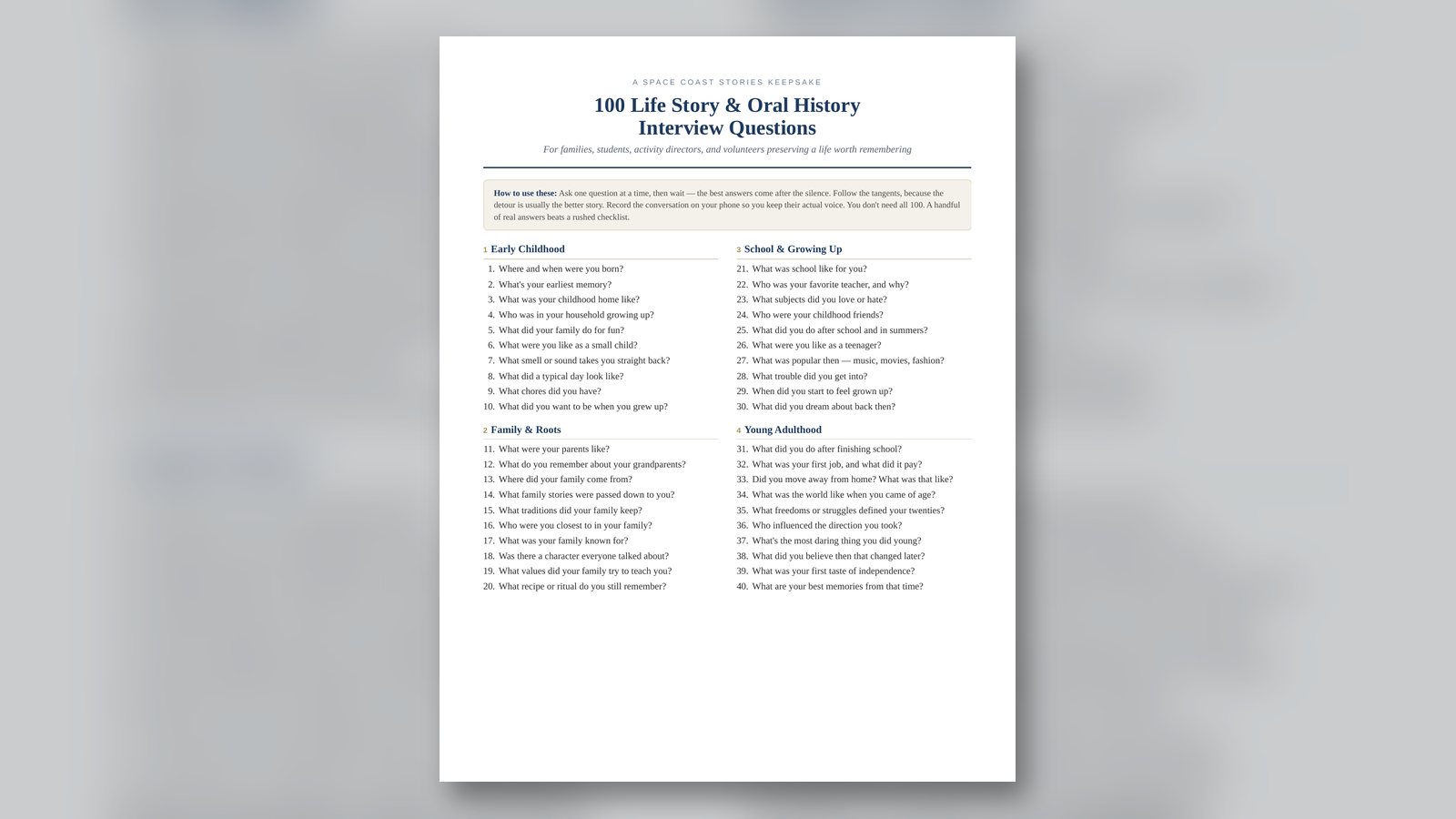A printable set of life story interview questions