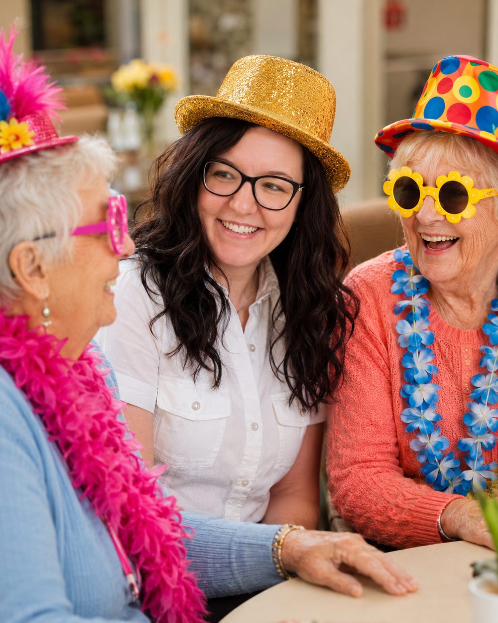 Claire leading a lively Laugh Lines storytelling session with two residents in party hats and boas